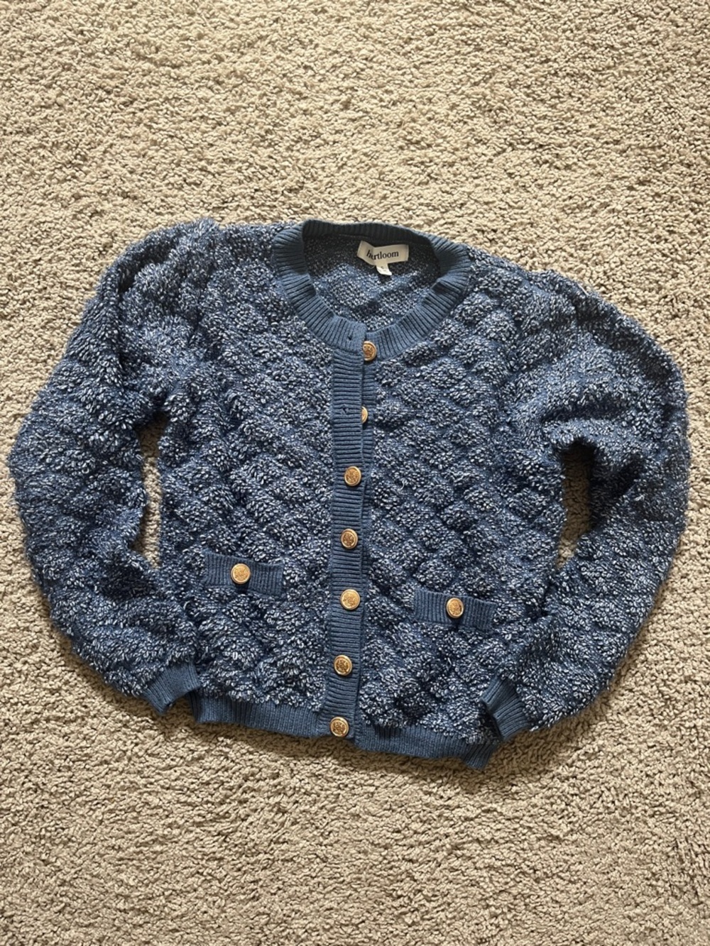 Heartloom Blue Textured Knit Cardigan with Gold Buttons